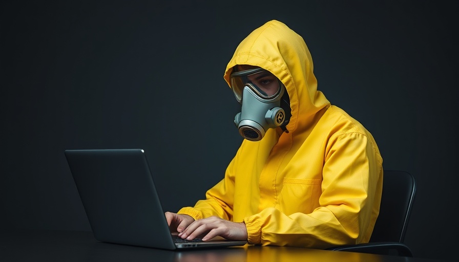 Person in hazmat suit using a laptop, concept of crypto fraud.