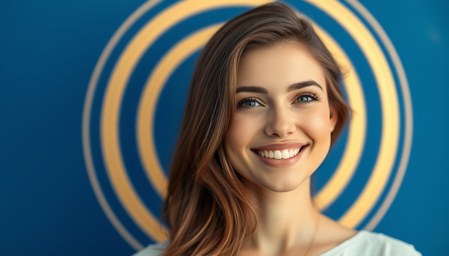 Smiling woman against minimal blue background with golden circles.