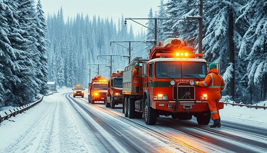 Polar vortex record-breaking cold scene with workers fixing power lines in snowy forest.