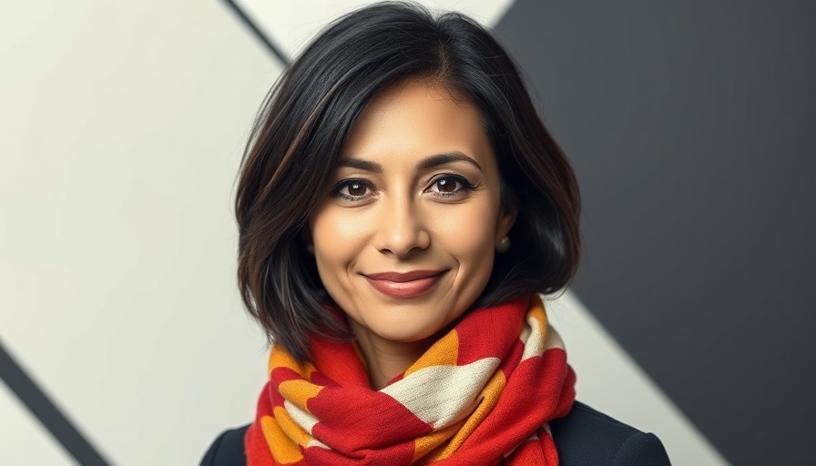 Professional portrait of a woman with colorful scarf against graphic backdrop.