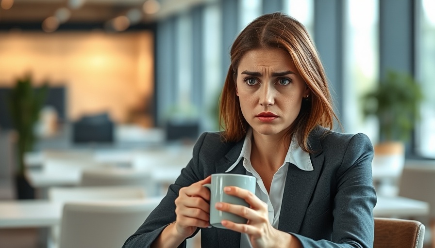 Businesswoman looking concerned with coffee cup, Starbucks layoffs concept.