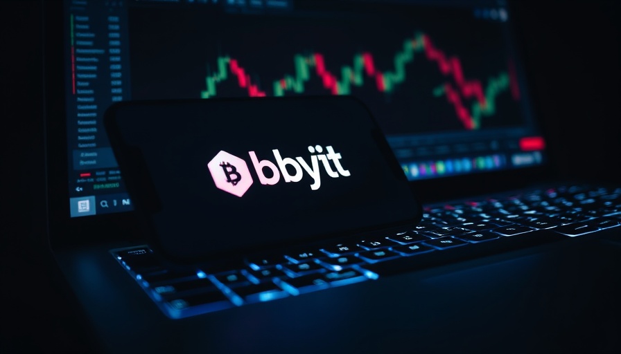 Bybit logo on phone atop laptop keyboard, highlighting cryptocurrency security.