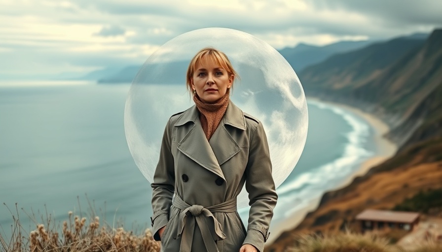New Moon in Pisces 2025 theme with a stylish woman by the coast.