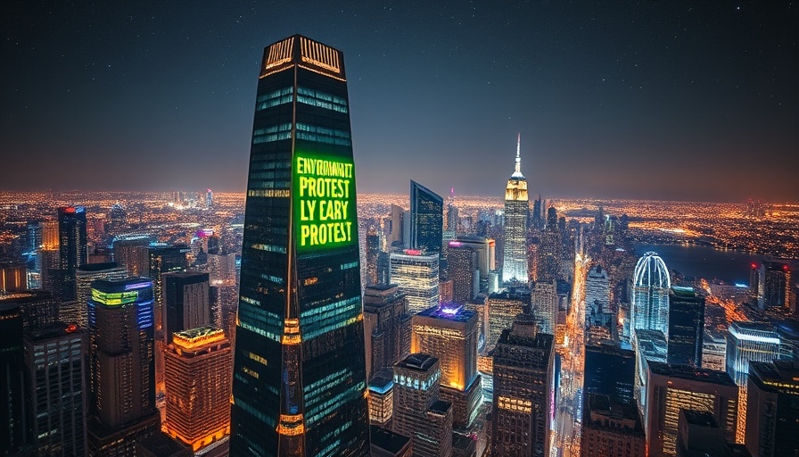 Greenpeace protest message projected on building amid cityscape.