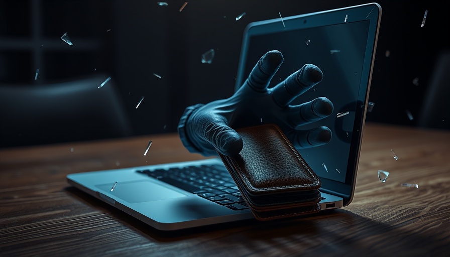 Surreal image of a gloved hand reaching from a laptop screen towards a wallet, symbolizing cyber theft, with details reflecting crypto-stealing malware from GitHub.