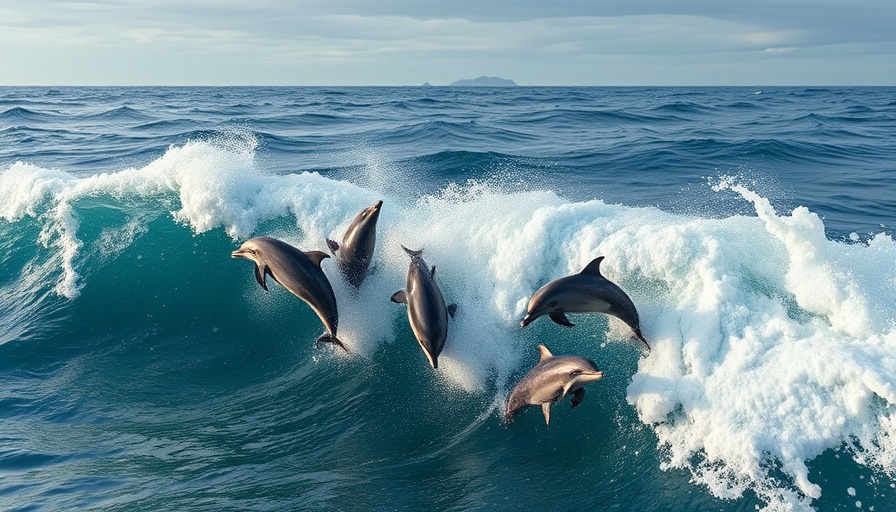 Dolphin superpod off California coast leaping energetically through ocean waves.