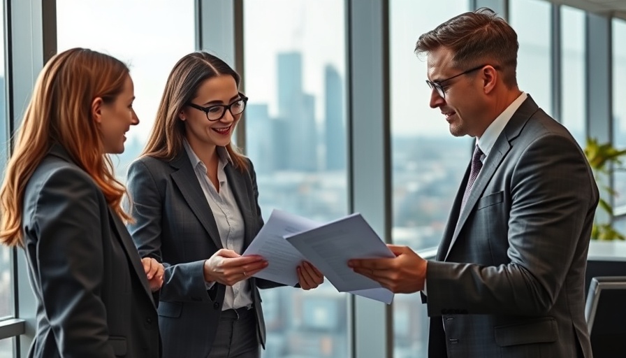 Professionals discussing documents in a modern office with city skyline.