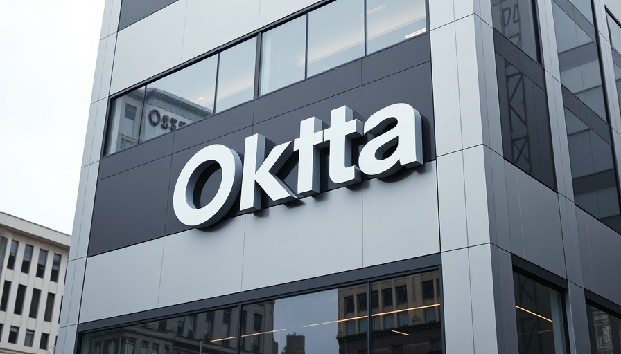 Okta revenue outlook reflected on office facade with logo.