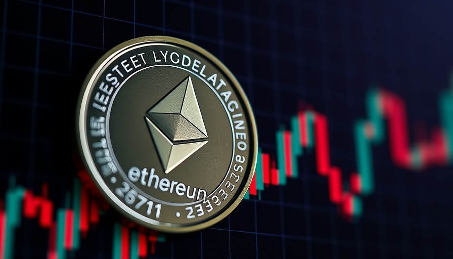 Ethereum coin with candlestick chart indicating cryptocurrency market volatility.