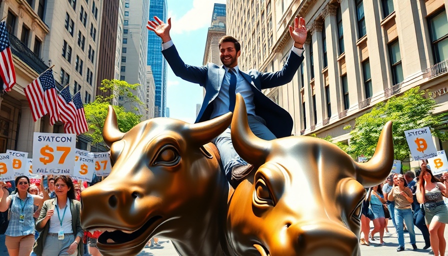 Businessman riding Wall Street bull with crypto signs around.