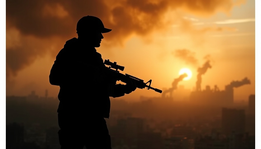 Silhouette of armed figure with urban skyline smoke backdrop.