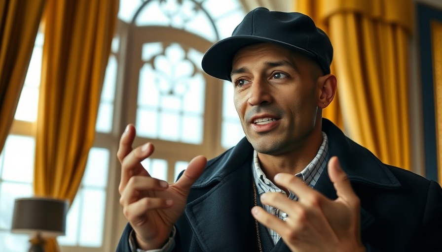 Man's speaking gesture in ornate setting with natural light.
