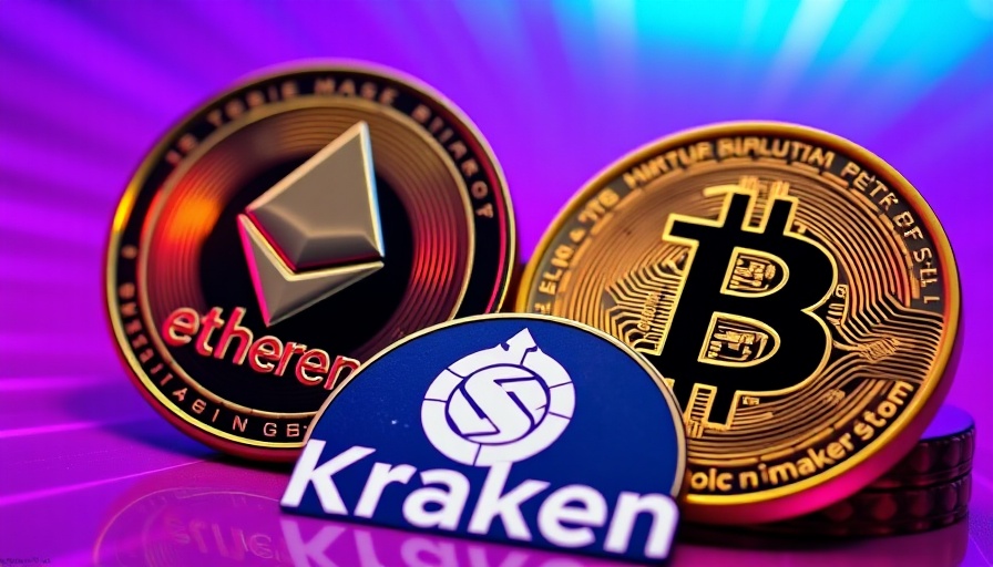 Cryptocurrency coins over Kraken logo, purple backdrop.