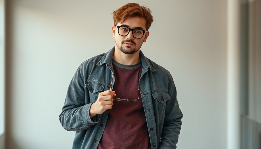 Casually dressed person holding glasses against a minimalistic backdrop