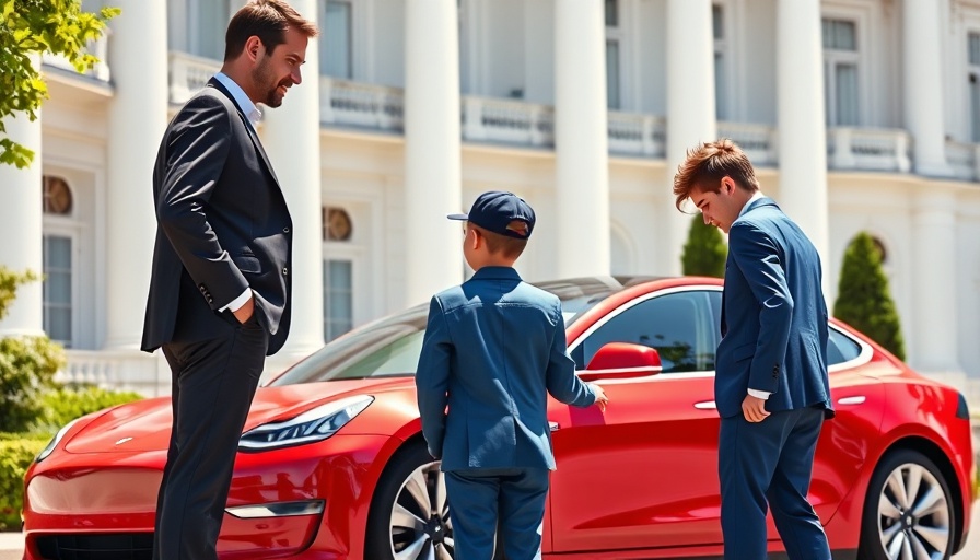 Interaction near red Tesla outside white building, sunny day.