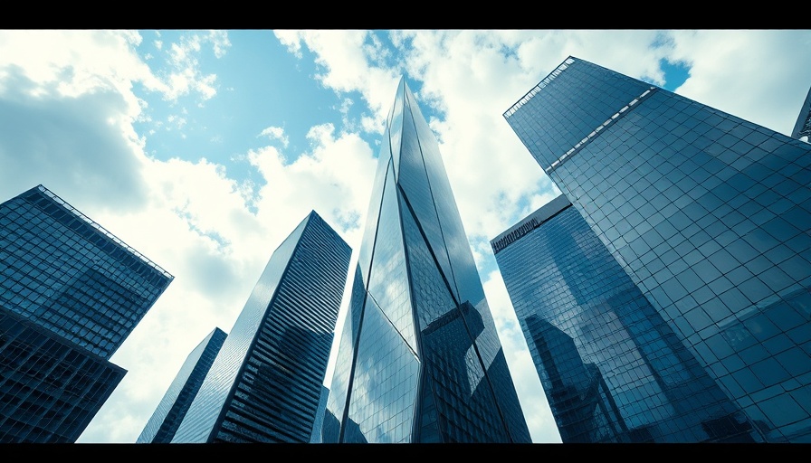 Modern skyscrapers with reflective glass and clouds in background, symbolizing the dismantling of a cryptocurrency exchange.