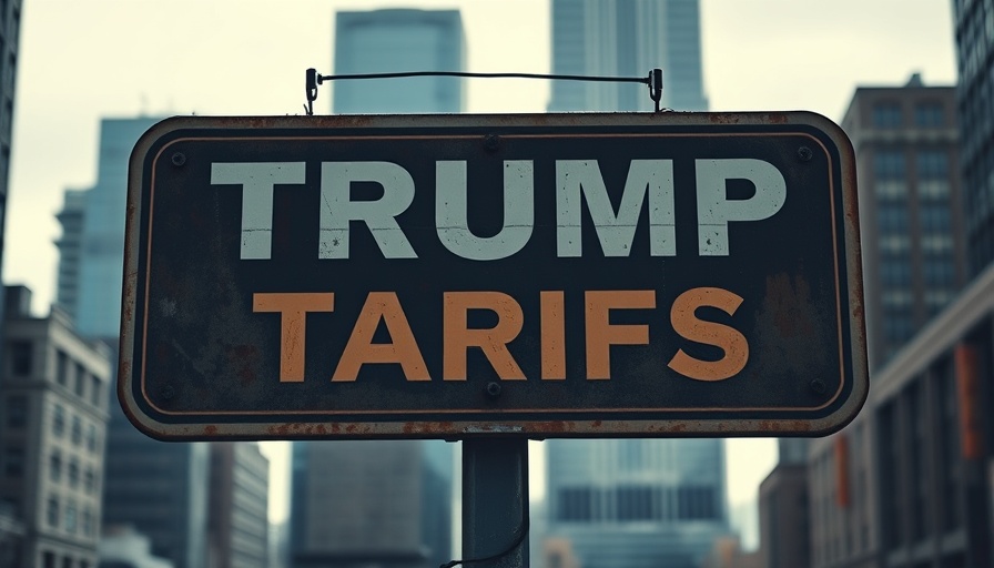 Vintage sign about Trump tariffs in a cityscape background.