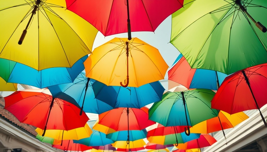 Vibrant umbrellas canopy symbolizing protection in generative AI insurance.