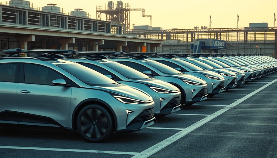 Self-driving cars parked in a lot under daylight, modern tech display.