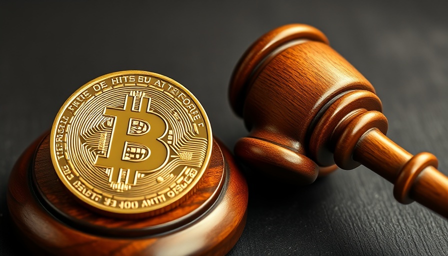 Symbolic gavel and Bitcoin coin on dark surface, legal theme.