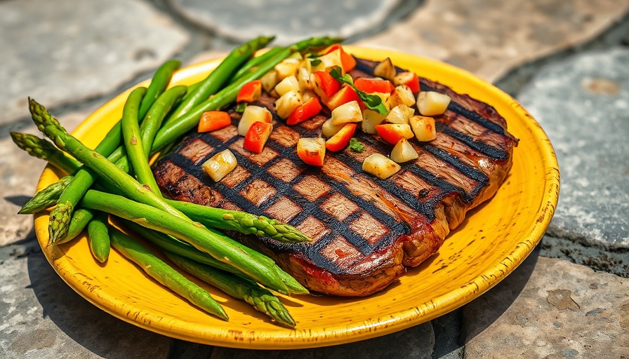 Grilled steak with vegetables, introducing meat after vegan diet, vibrant dish