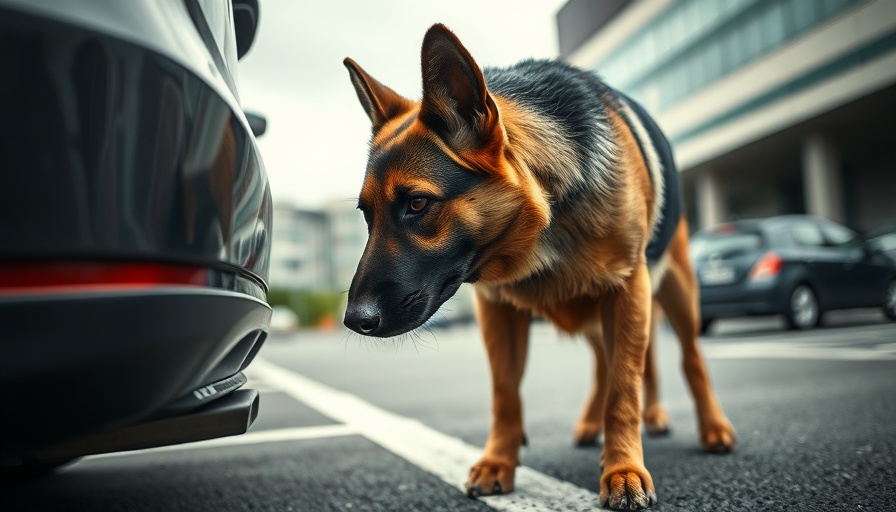German Shepherd sniffing vehicle in parking lot