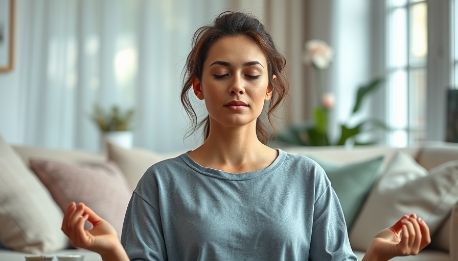 Calm woman meditating in front of a laptop, promoting focus and wellbeing.