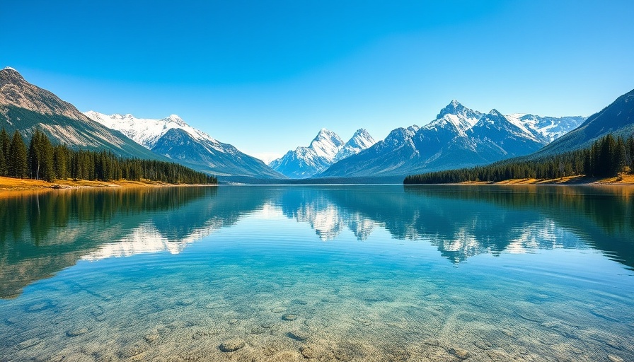 Scenic view of Wyoming's Grand Teton mountains and lake reflecting in calm waters.