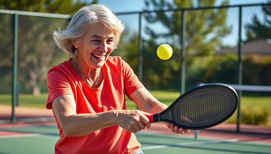 Older woman playing pickleball focusing on the ball for brain health.