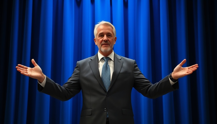 Mature male gesturing on blue stage; Bitcoin whitepaper Trump.