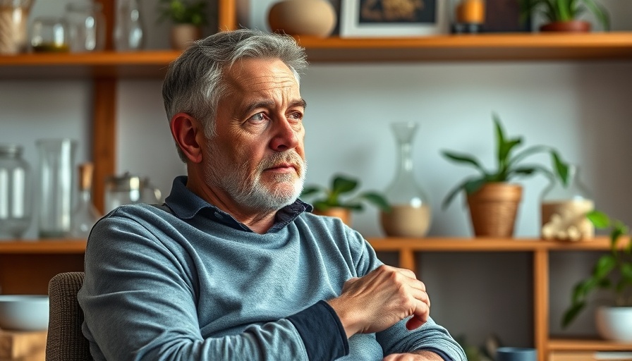 Middle-aged man indoors with wrist brace, short-term health insurance.