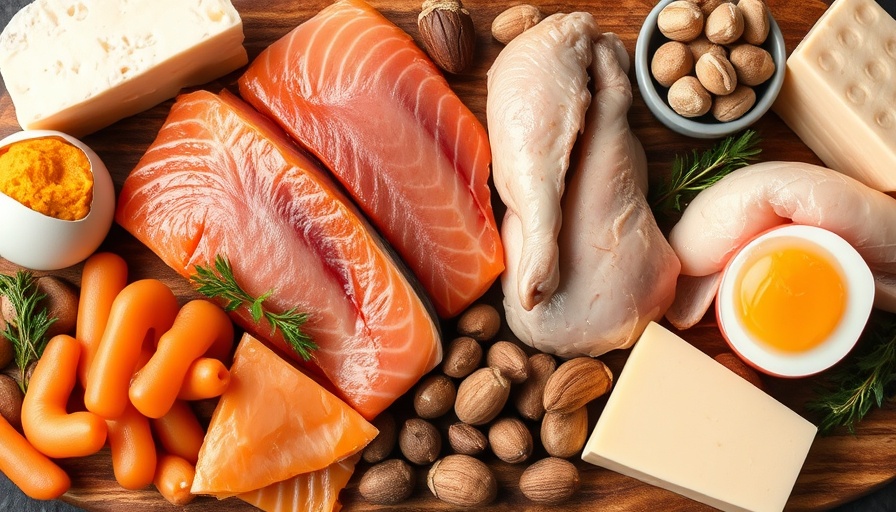 Assorted protein-rich foods on rustic board for protein guide.