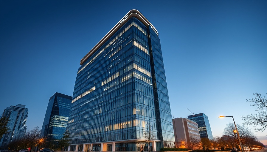 Doge Takeover Office Building: Modern glass facade at night.