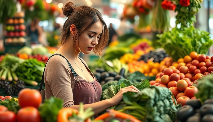 Young woman examining greens at a farmer's market, FDA Chemical Transparency Tool.