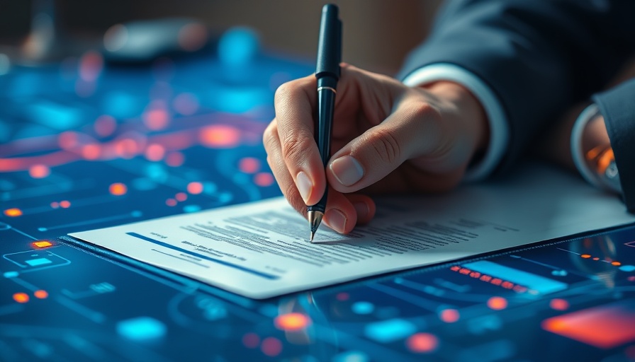 Close-up of hands signing executive document, vibrant colors.