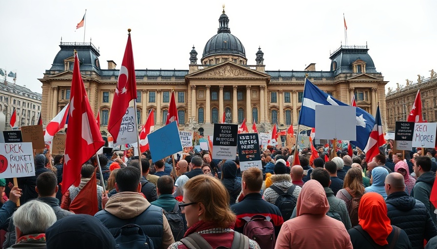Protest in front of government building, related to freedom convoy convictions.