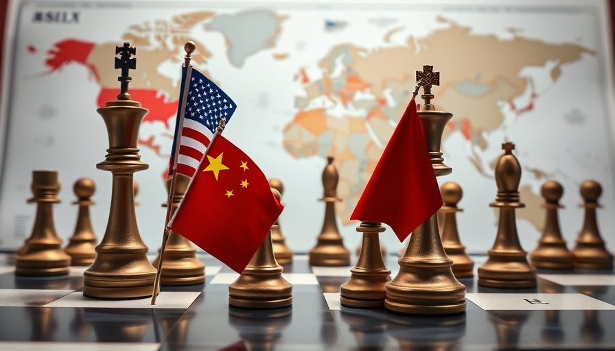 Chess pieces with flags on map symbolizing US-China trade conflict.