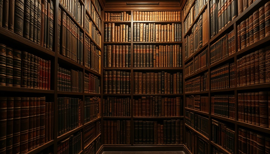 Antique books on wooden shelves in a dimly lit library.