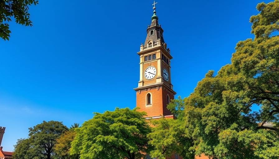 Historic clock tower on university campus, lush greenery
