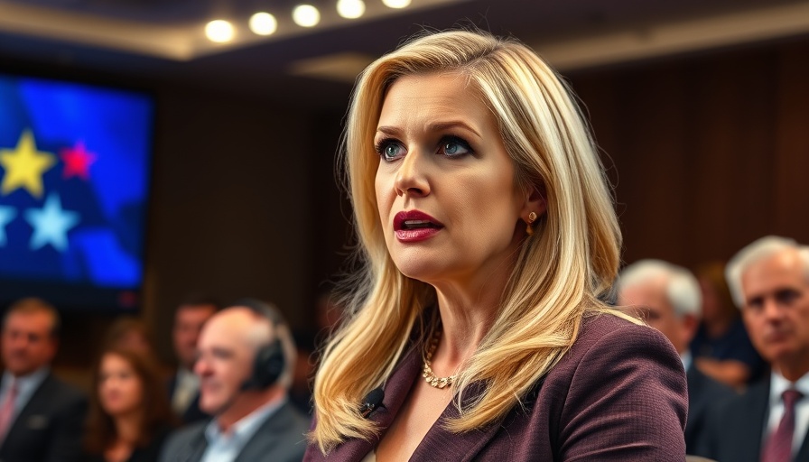 Blonde woman addressing audience at conference, vibrant setting.