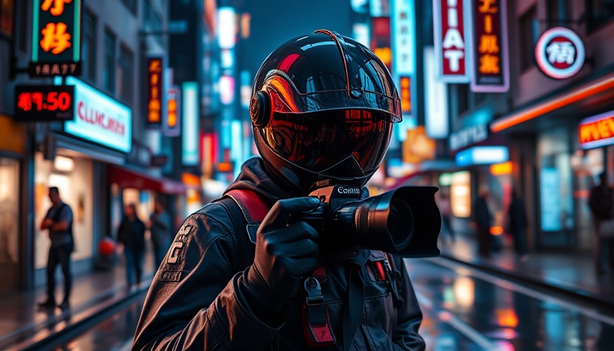 Futuristic photographer capturing cityscape with AI Video Generator.