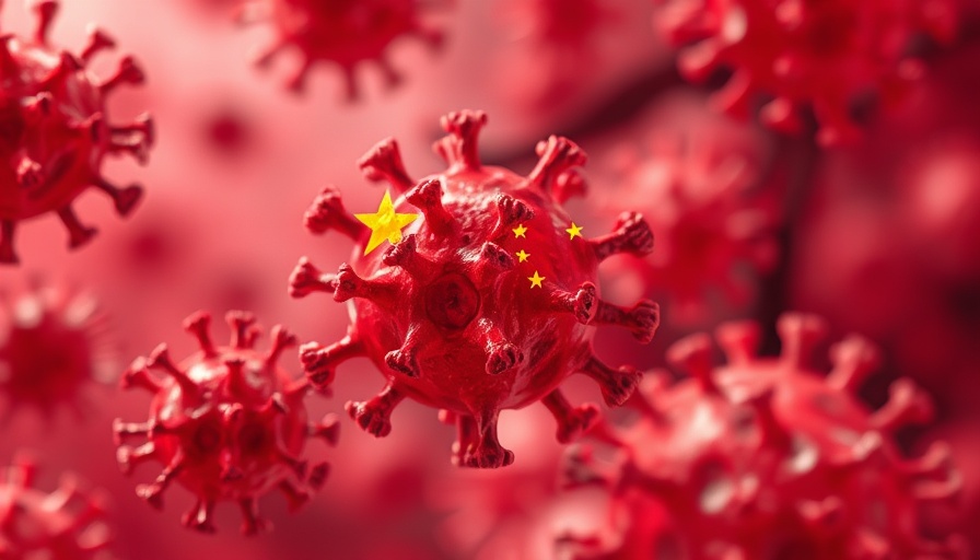 Red viral particles with Chinese flag overlay, symbolizing Wuhan lab leak.
