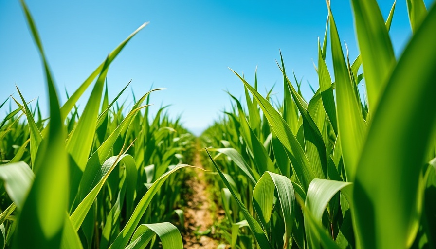 Close-up of corn plants growing in a field under blue sky.