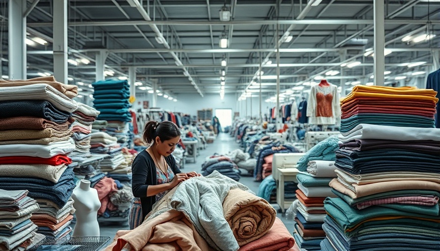 Woman organizes textiles in bustling clothing factory, bright-lit workspace.