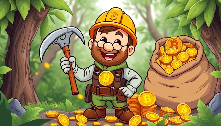 Cartoon miner with Bitcoin symbol bag and coins, Mobile Bitcoin Cloud Mining 2025.