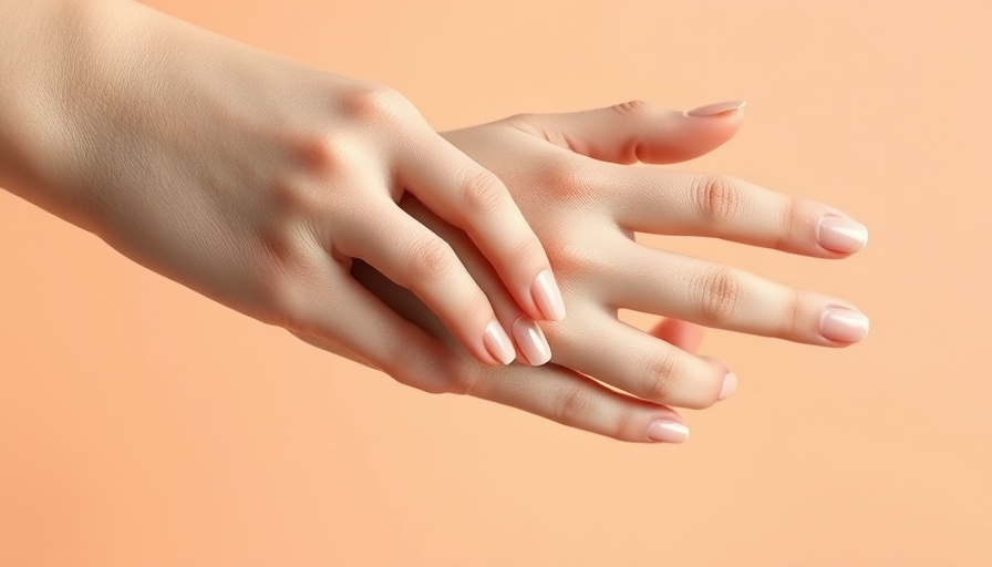 Close-up of hands with soft bendy nails on a peach background.
