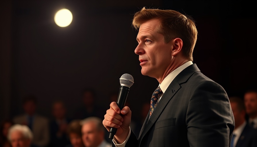 Man speaking with a microphone in a suit, dark background.