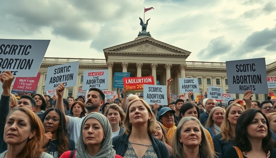 Protesters advocating for abortion rights outside government building amid cloudy sky.
