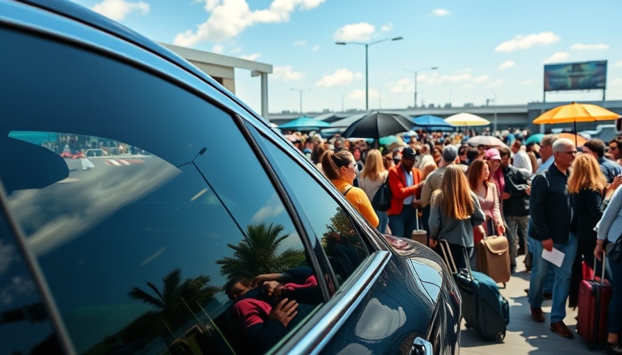 Busy airport pick-up zone with travelers and car reflecting crowd.