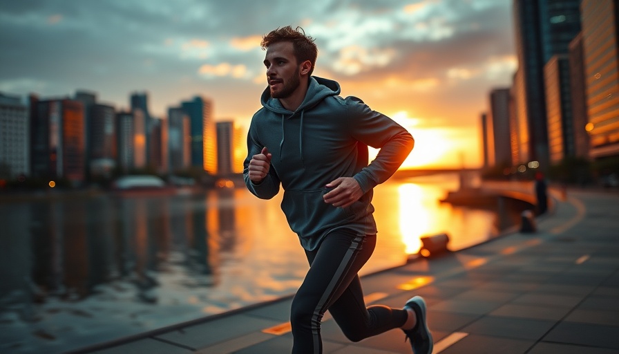 Athlete running by river at sunrise, showcasing wearables and AI longevity.